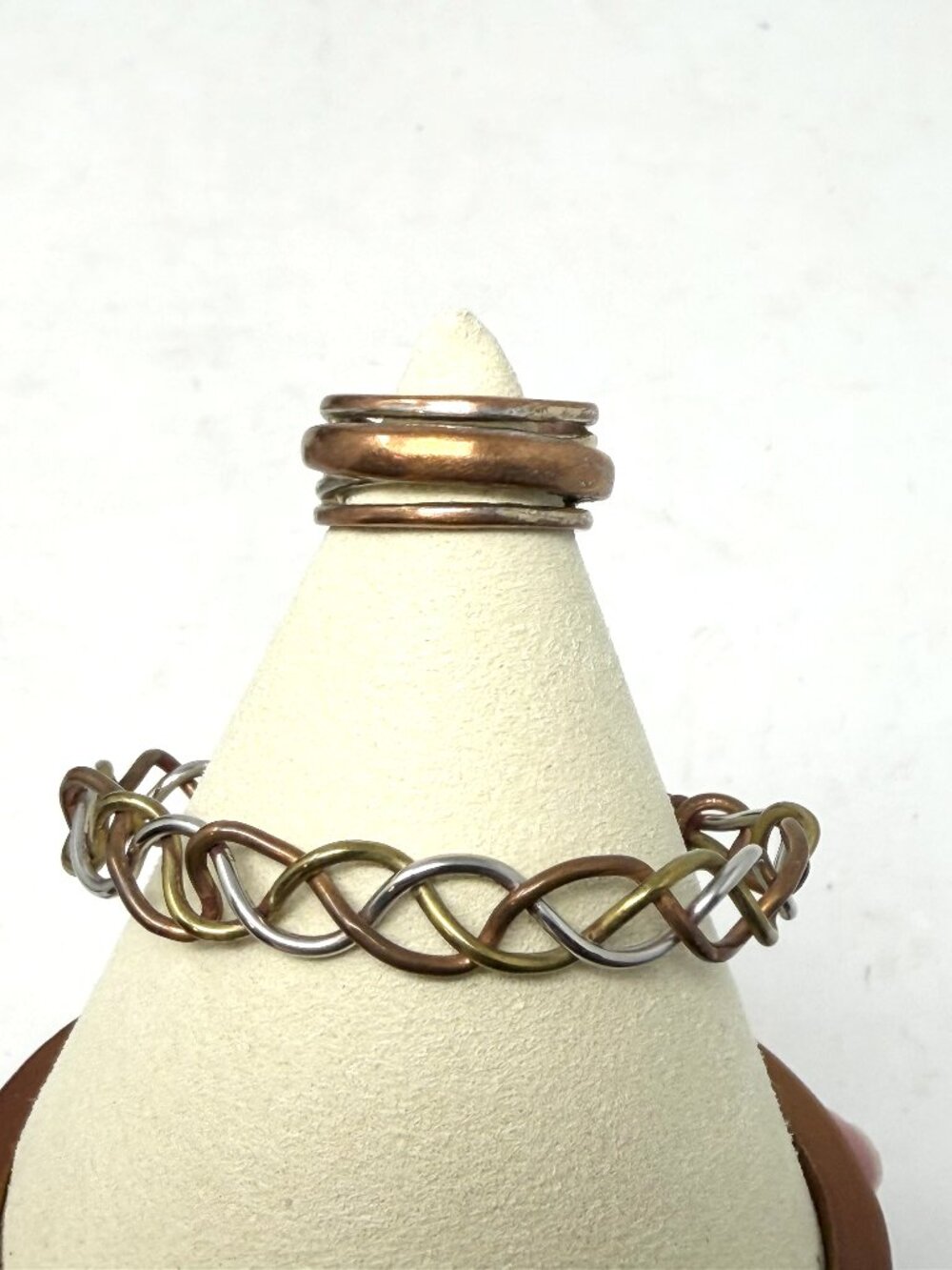 Vintage Mixed Metal Woven Cuff Bracelet & Ring Set Copper Brass Silver Tone